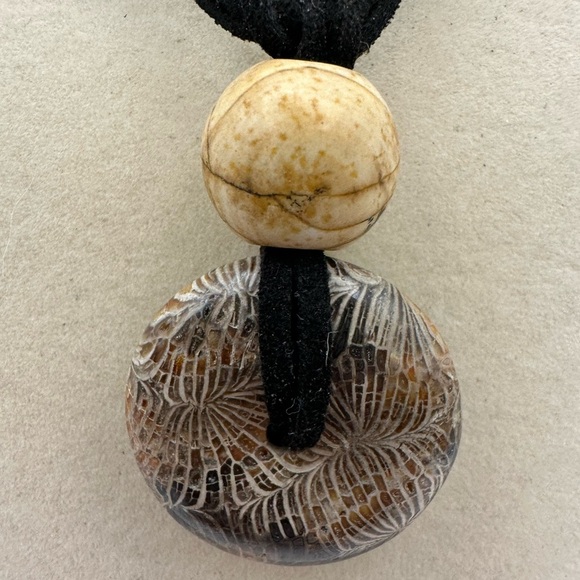 Coral Fossil Donut Pendant Necklace on Black Faux Leather Double Rope - Picture 5 of 14